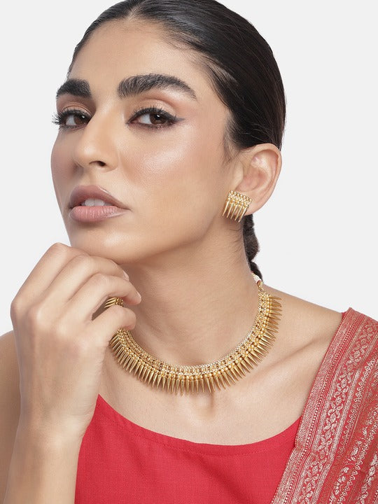Gold-Polished Traditional Stylish Golden Necklace with Earrings for Women & Girls - Wahe Jewels Noz2Toz