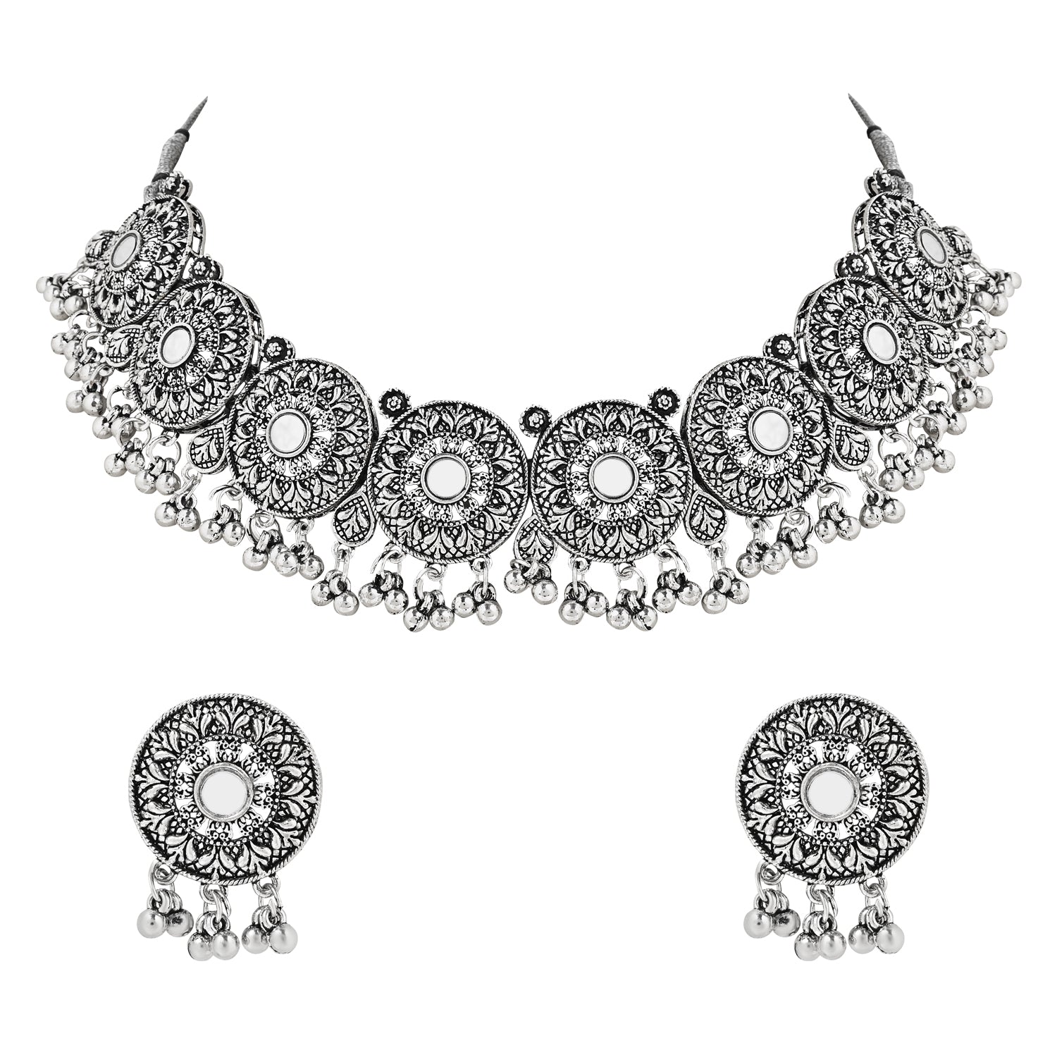 Navratri Ethnic Silver Oxidized Traditional Afghani Choker Necklace Jewellery Set for Women - Wahe Jewels Noz2Toz