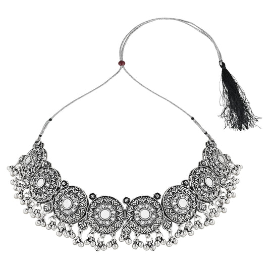 Navratri Ethnic Silver Oxidized Traditional Afghani Choker Necklace Jewellery Set for Women - Wahe Jewels Noz2Toz