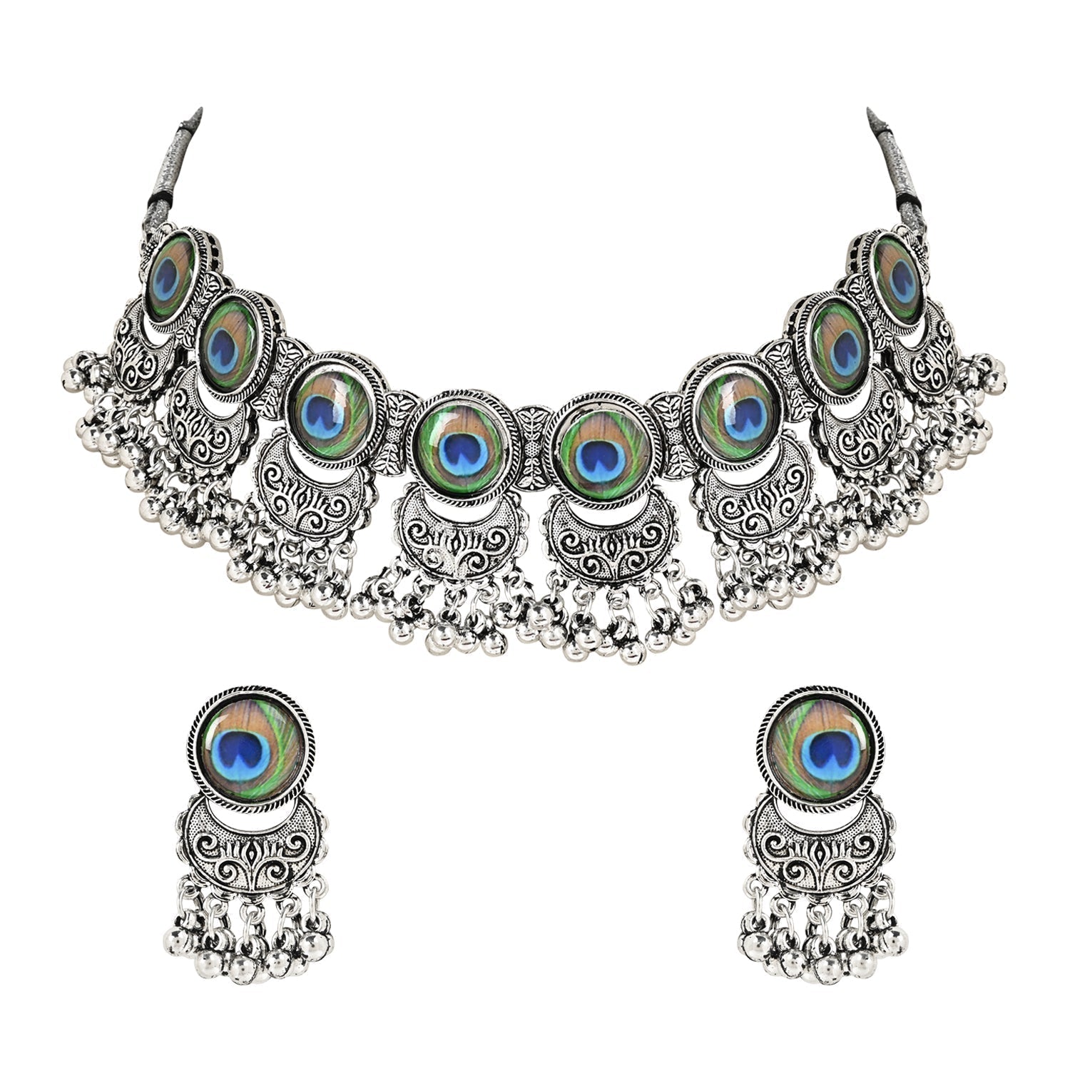Navratri Oxidised Silver Plated Afghani Choker Necklace Jewellery Set for Women - Wahe Jewels - Swadesiicart