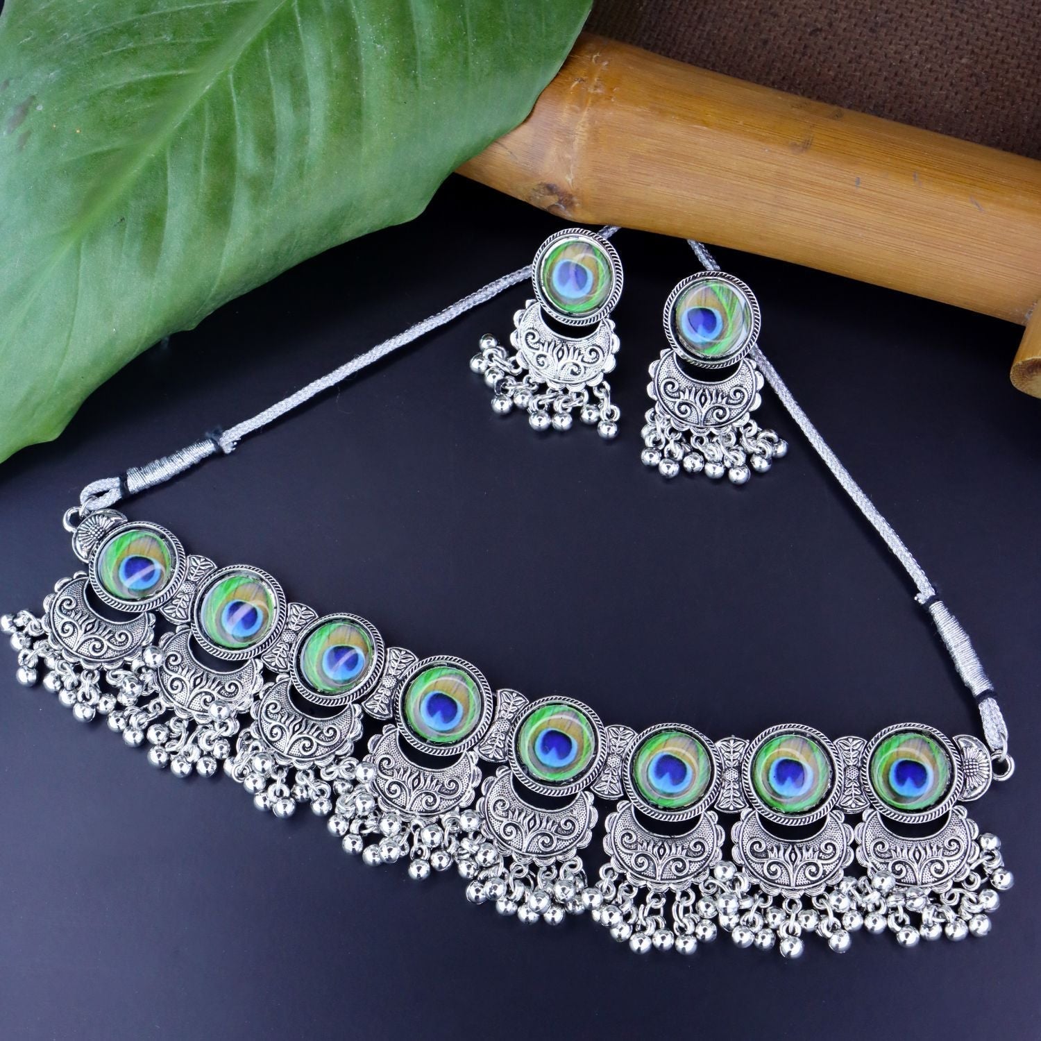 Navratri Oxidised Silver Plated Afghani Choker Necklace Jewellery Set for Women - Wahe Jewels Noz2Toz