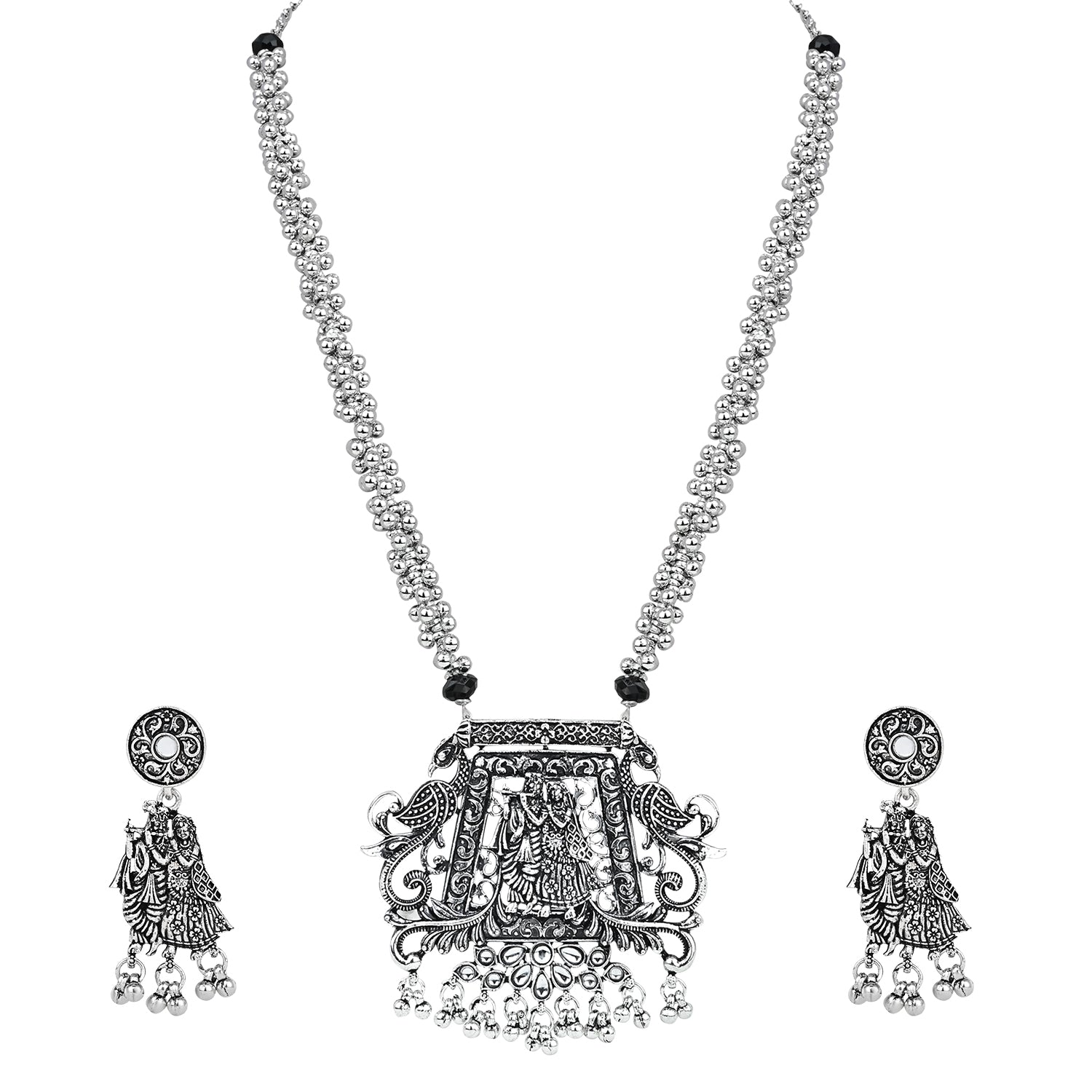 Navratri Ethnic Silver Oxidised Radha Krisha Long Necklace Jewellery With Jhumka Earrings Set For Women/Girls - Wahe Jewels Noz2Toz