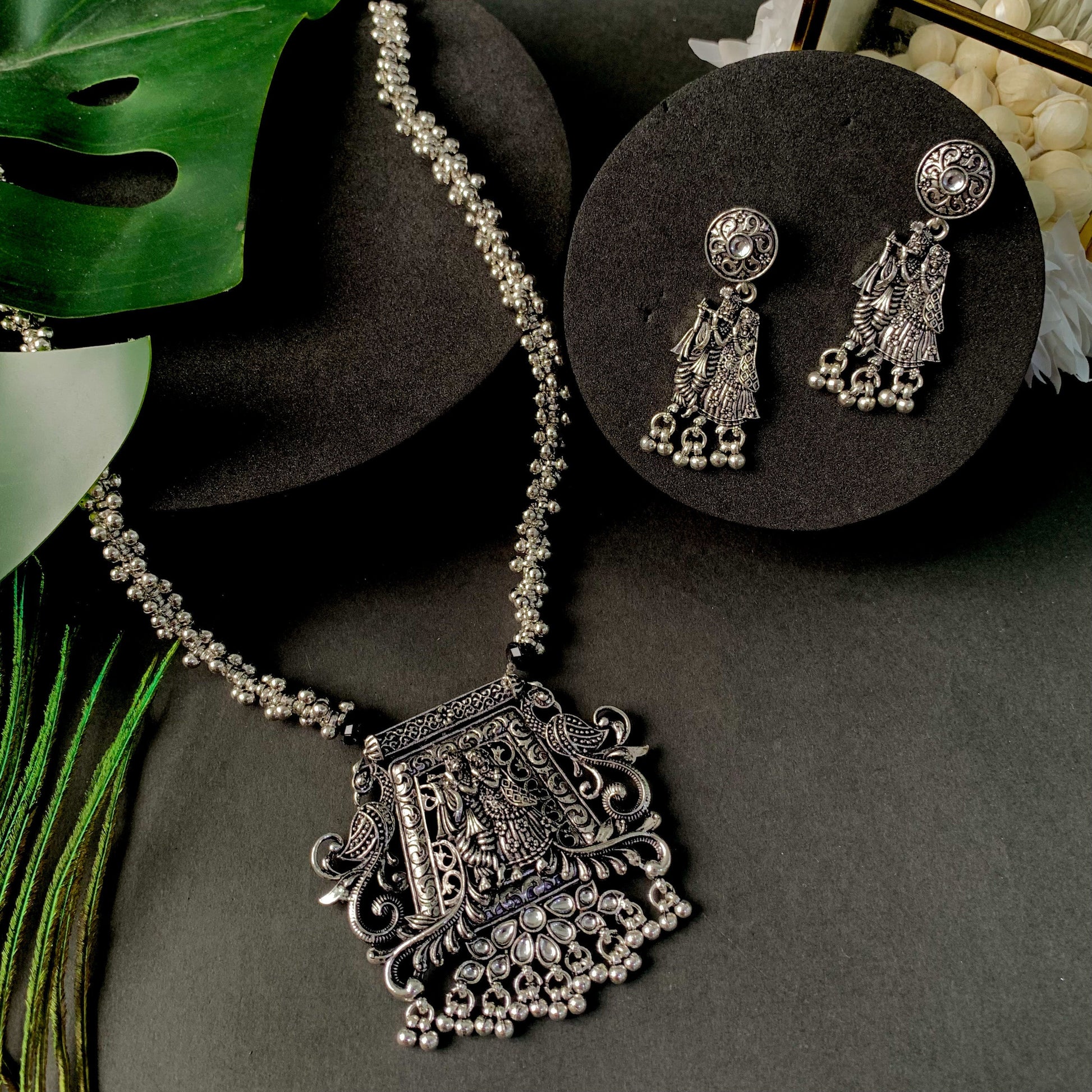 Navratri Ethnic Silver Oxidised Radha Krisha Long Necklace Jewellery With Jhumka Earrings Set For Women/Girls - Wahe Jewels Noz2Toz