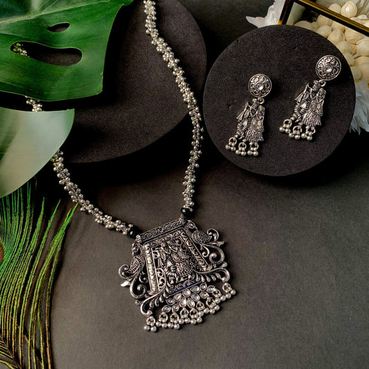 Navratri Ethnic Silver Oxidised Radha Krisha Long Necklace Jewellery With Jhumka Earrings Set For Women/Girls - Wahe Jewels Noz2Toz