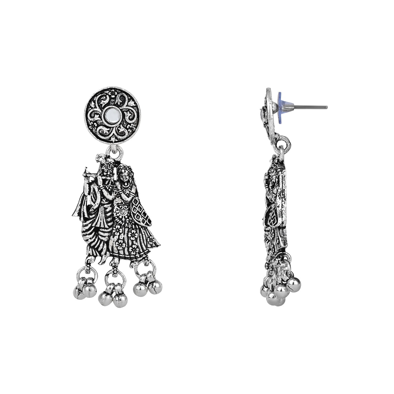 Navratri Ethnic Silver Oxidised Radha Krisha Long Necklace Jewellery With Jhumka Earrings Set For Women/Girls - Wahe Jewels Noz2Toz