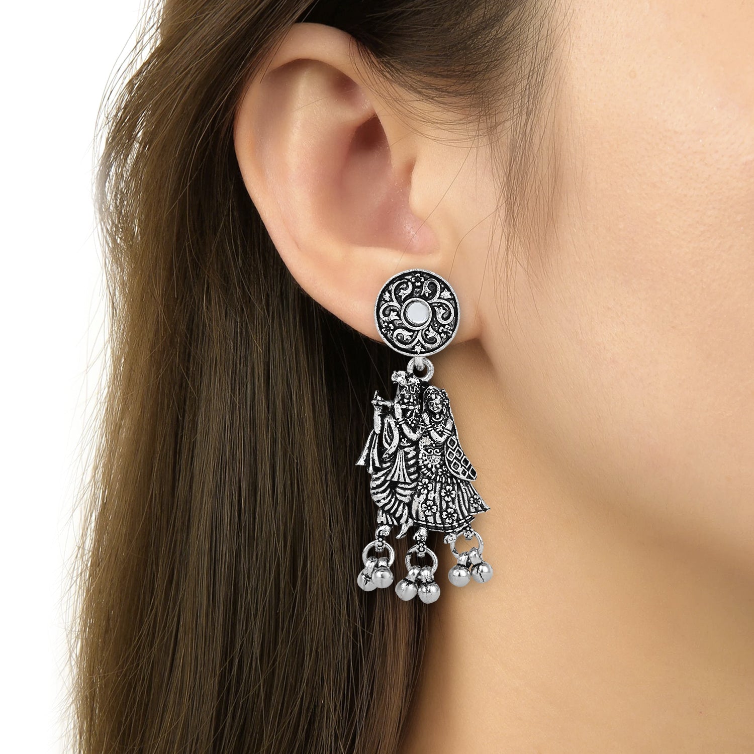 Navratri Ethnic Silver Oxidised Radha Krisha Long Necklace Jewellery With Jhumka Earrings Set For Women/Girls - Wahe Jewels Noz2Toz