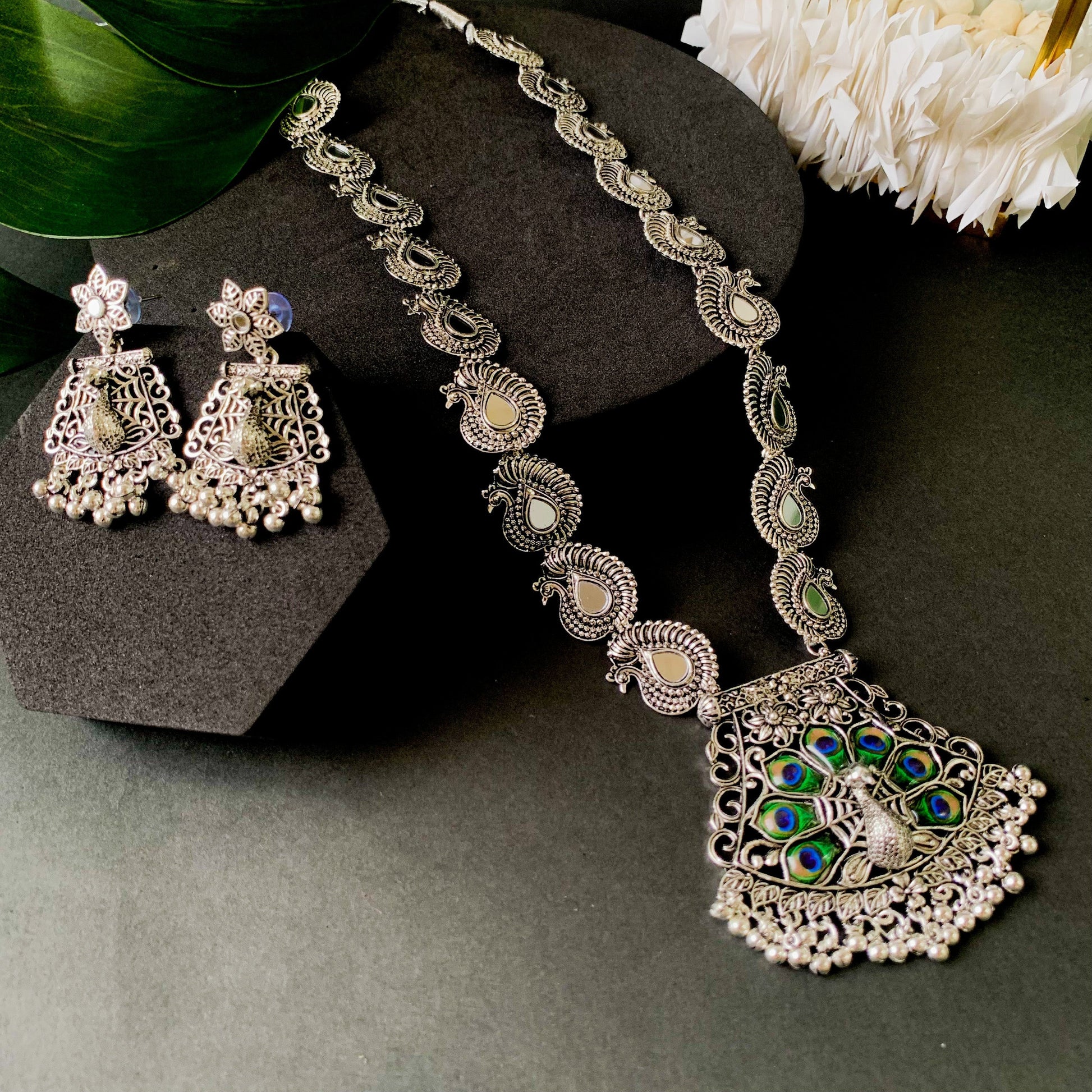 Navratri Ethnic Silver Oxidised Ghungroo Long Necklace Jewellery With Jhumka Earrings Set For Women/Girls - Wahe Jewels Noz2Toz