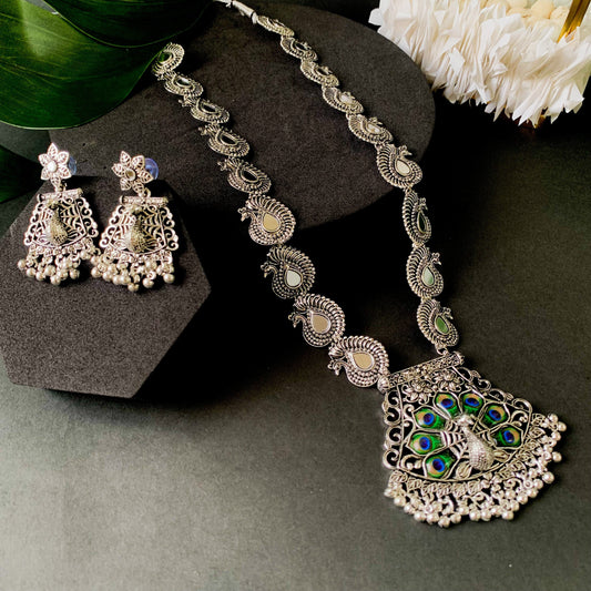 Navratri Ethnic Silver Oxidised Ghungroo Long Necklace Jewellery With Jhumka Earrings Set For Women/Girls - Wahe Jewels Noz2Toz