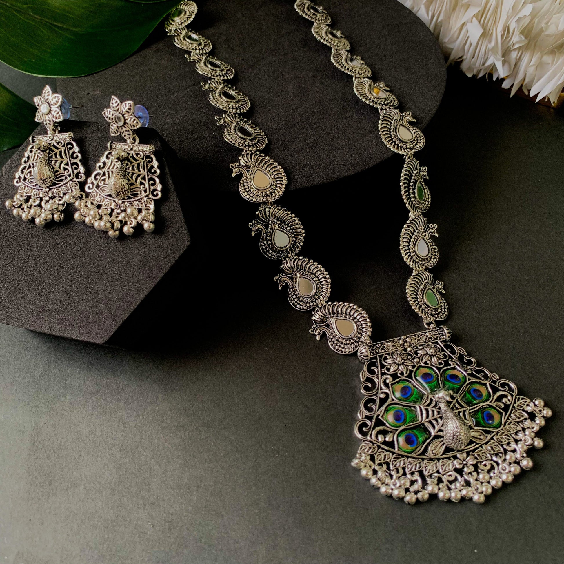 Navratri Ethnic Silver Oxidised Ghungroo Long Necklace Jewellery With Jhumka Earrings Set For Women/Girls - Wahe Jewels Noz2Toz