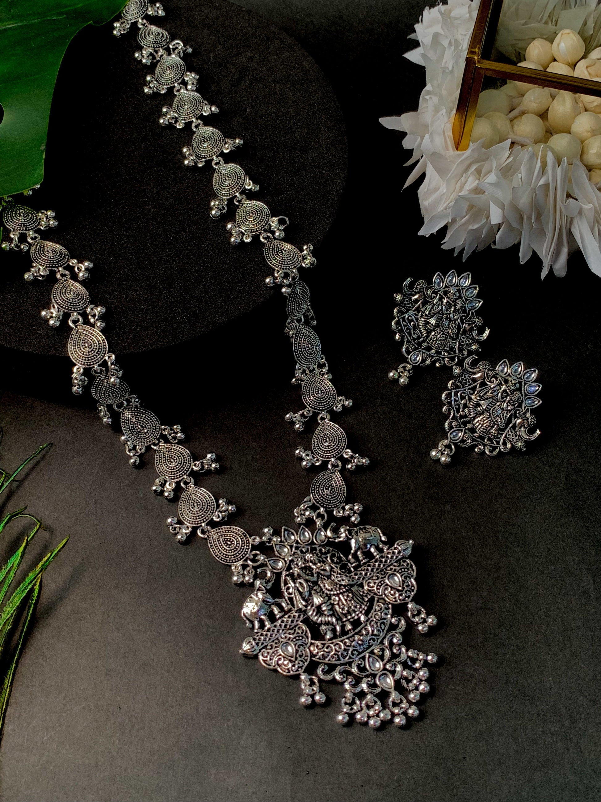 Navratri Ethnic Stylish Silver Oxidised Radha Krishna Design Long Necklace Jewellery Set for Women And Girls - Wahe Jewels Noz2Toz