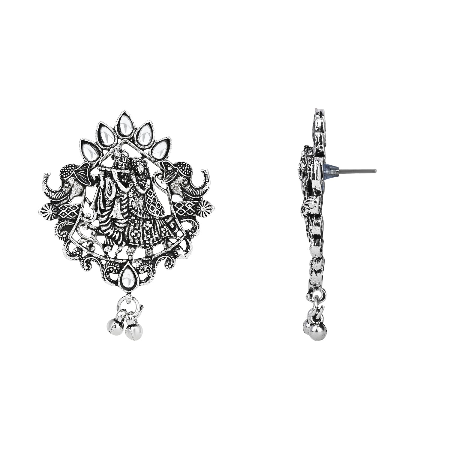 Navratri Ethnic Stylish Silver Oxidised Radha Krishna Design Long Necklace Jewellery Set for Women And Girls - Wahe Jewels Noz2Toz