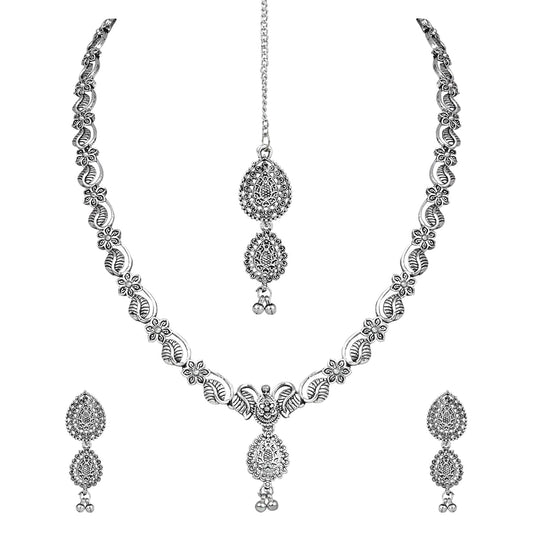 Navratri Ethnic Silver Oxidised Floral Design Ghungroo Long Necklace Jewellery With Jhumka Earrings Set For Women/Girls - Wahe Jewels Noz2Toz