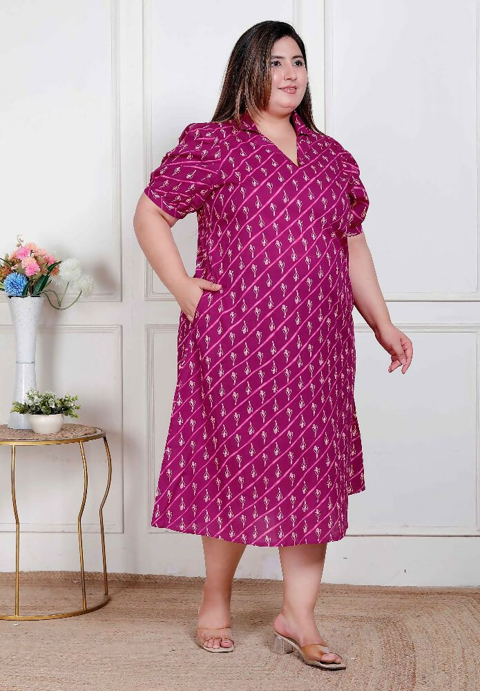 Miravan Plus Size Womens Magenta Floral Printed Cotton Dress With One Side Pocket