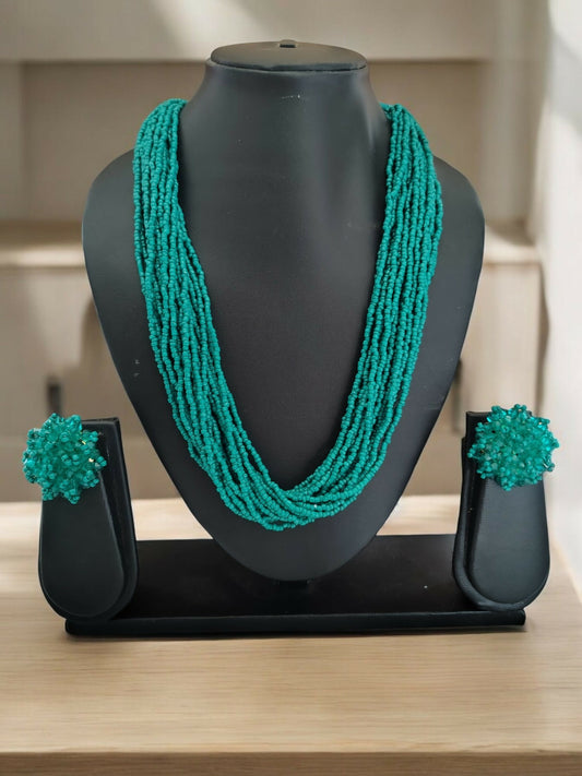 Inhanns Vibrant Handmade 20 Layers Beaded Necklace With Matching Earrings - Sea Green
