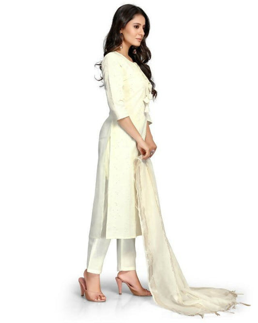 Aastha Fashion Women's Off White Cotton Flex Embroidered Kurta with Trouser & Dupatta - Grab2buy