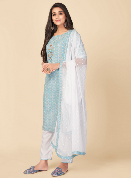 NOZ2TOZ Women's Printed & Hand Work Straight Cotton Sky Blue Kurta Pant With Dupatta (3Pcs Set) 