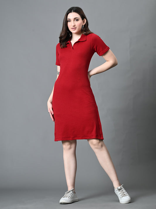 Myshka Women's Collared Neck Short Sleeves Ribbed A-Line Dress in Maroon Color