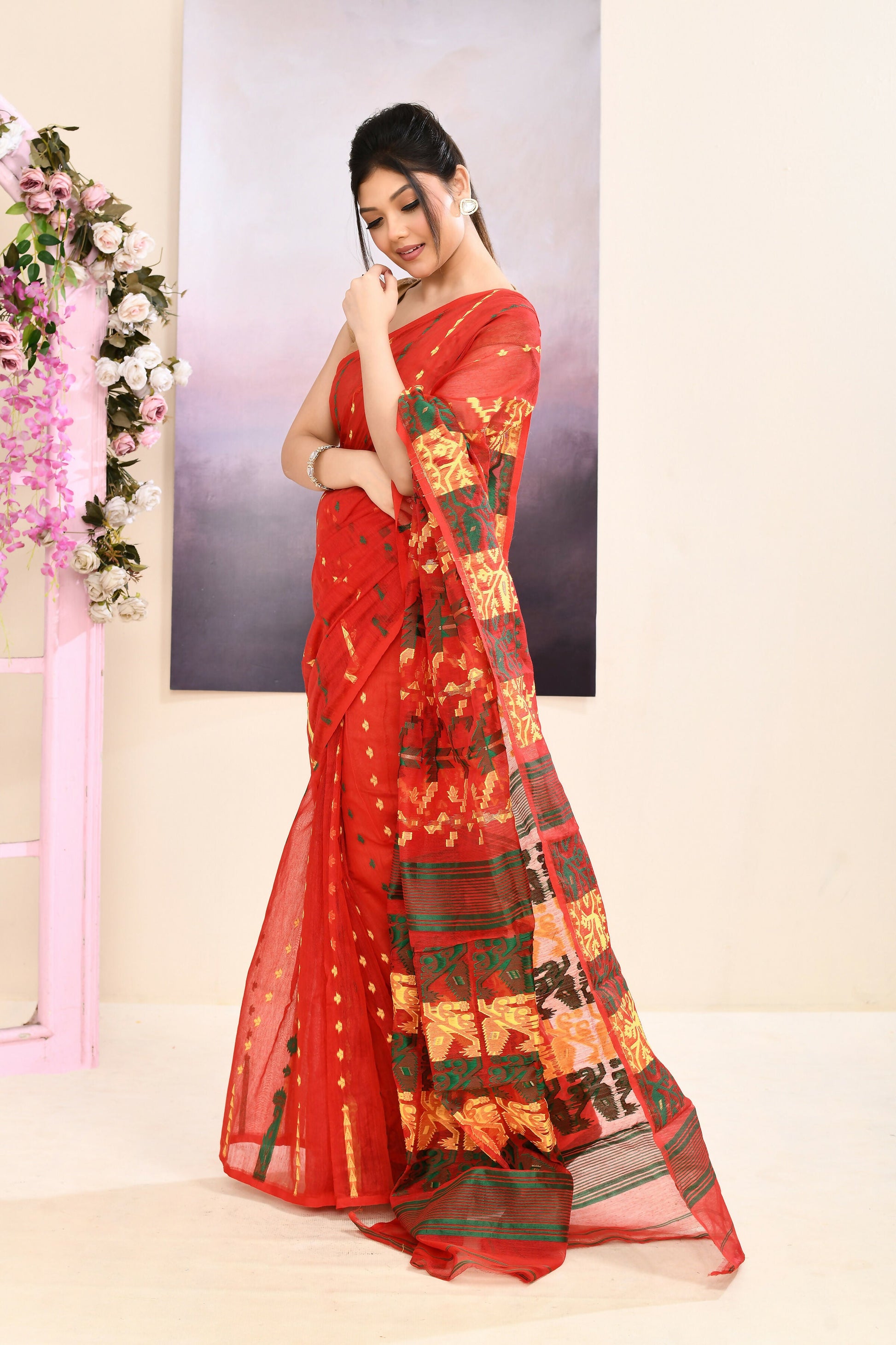 Piyari Fashion Women's Red Embellished Cotton Blend Jamdani Saree