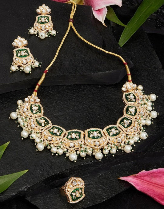 Jewel City Gold-Plated Kundan Choker Necklace Set with Green Enamel, Pearls & Ring | Traditional Indian Jewelry for Women – Wedding & Festive Wear | Grab2Buy