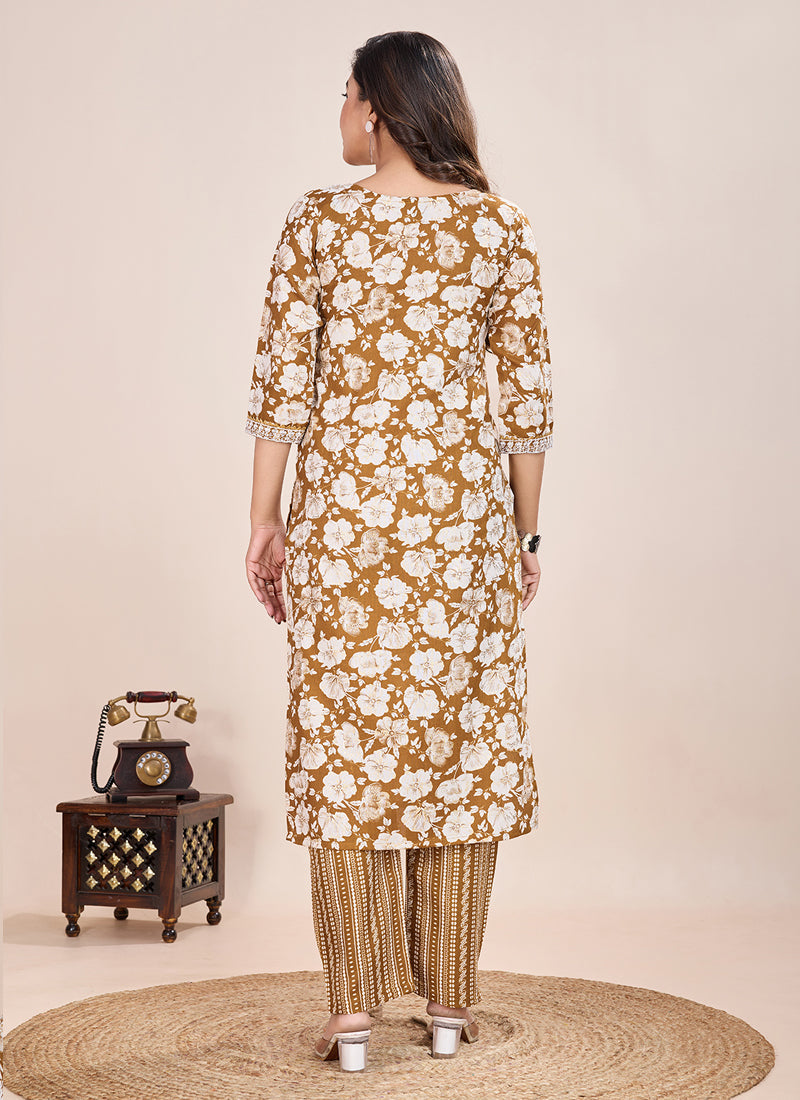 Prazu Fashion Beige Printed Cotton Blend Kurta Pant Set