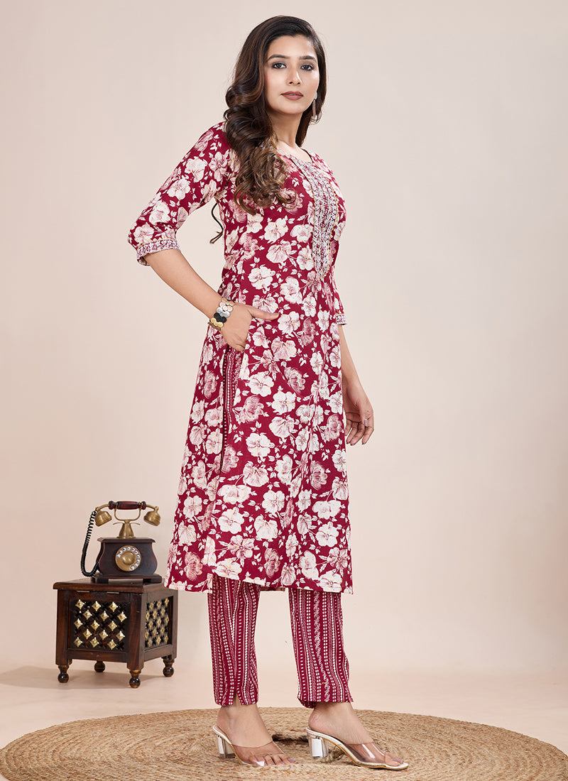 Prazu Fashion Maroon Printed Cotton Blend Kurta Pant Set