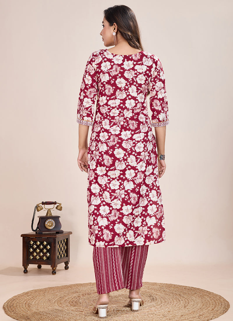 Prazu Fashion Maroon Printed Cotton Blend Kurta Pant Set