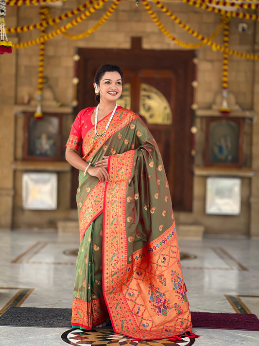 Mameraa Sarees Mahendi Green Faux Banarasi Silk Saree With Paithani Rich Weaved Pallu And Blouse-Teal