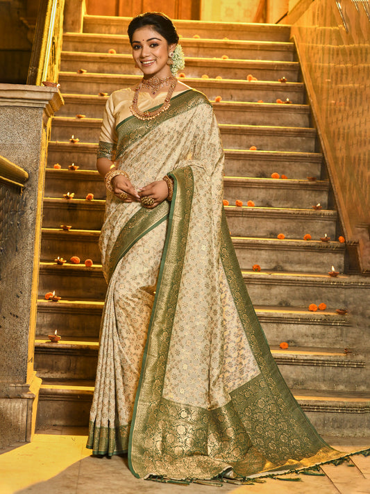 Anaita Off White Banarasi Saree With Blouse Piece