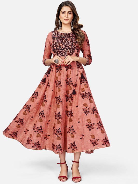 NOZ2TOZ Women's Printed & Hand Work Anarkali Cotton Brown Kurta (1Pc) 