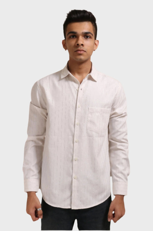 Xkind Off White Silver Stripes Regular Fit Shirt 
