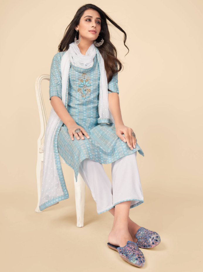 NOZ2TOZ Women's Printed & Hand Work Straight Cotton Sky Blue Kurta Pant With Dupatta (3Pcs Set) 