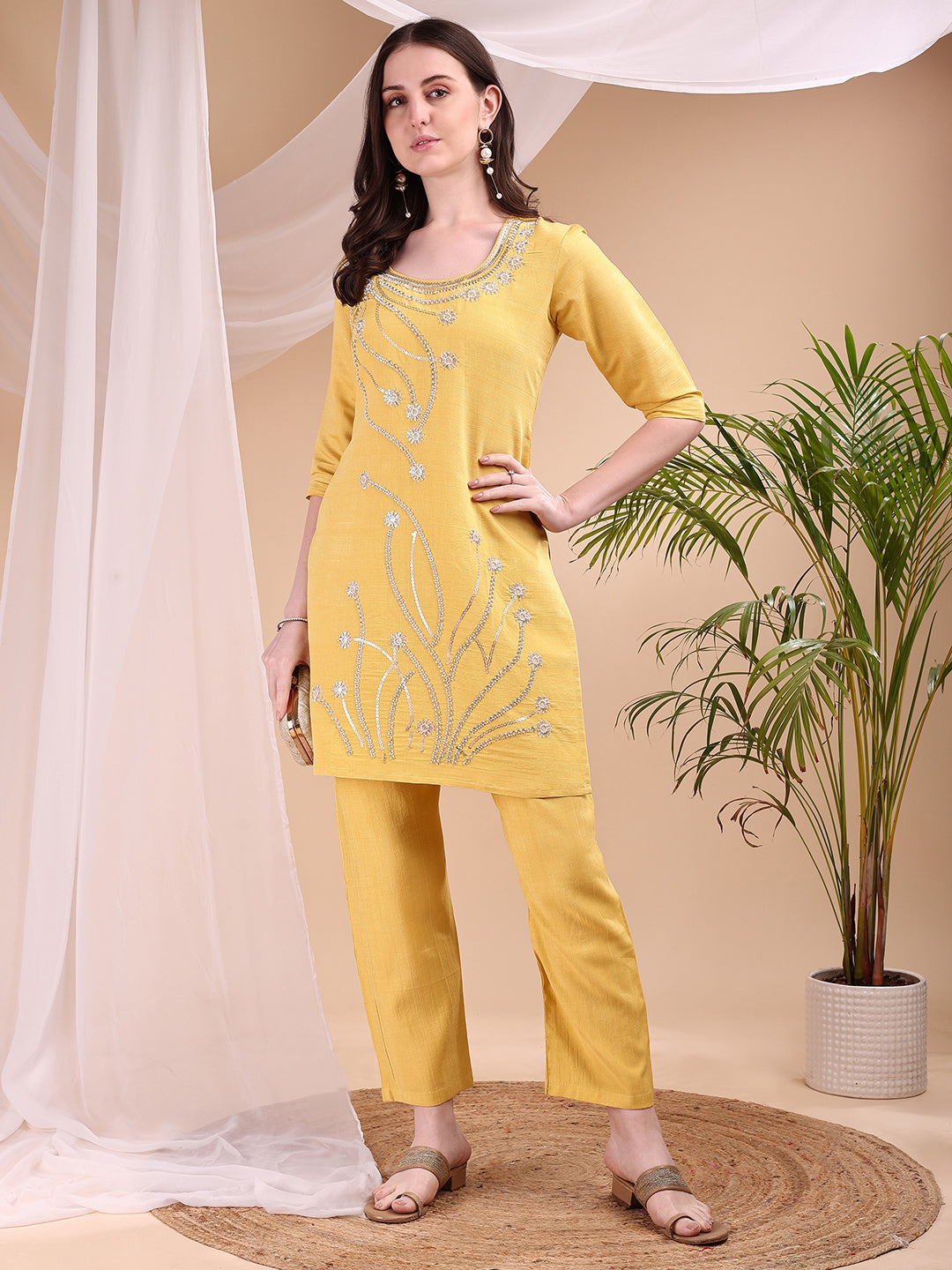 Hand Embroidered Co Ords, Yellow - Hiral Fashion