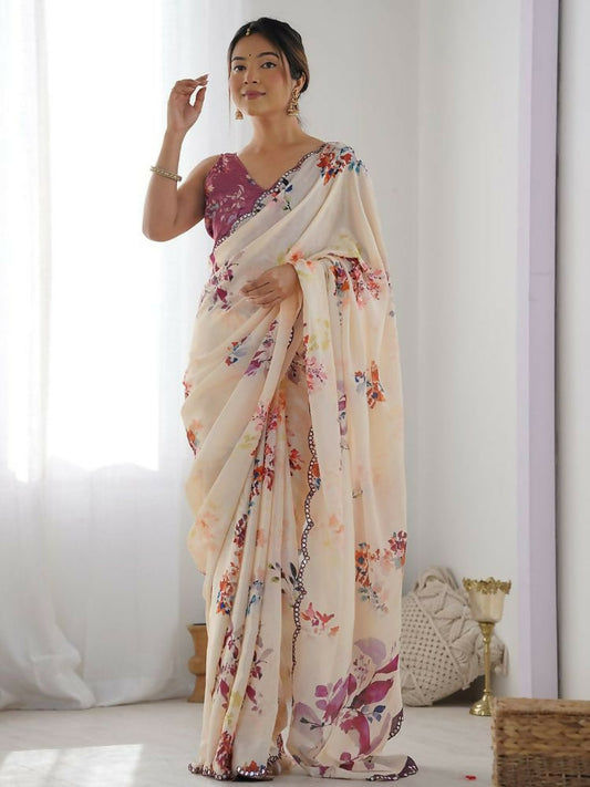 PR Fashion Cream Georgette Digital Print With Mirror Work Saree