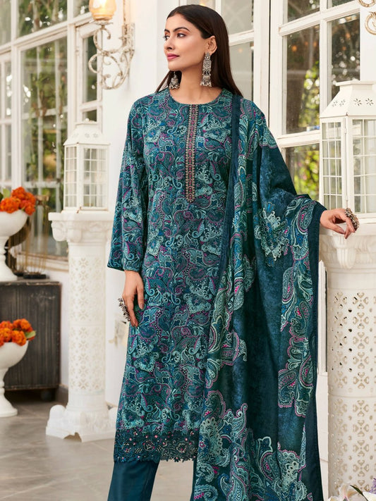 Aastha Fashion Women's Navy Blue Velvet Digital Print with Resham Thread work Kurta with Trouser & Dupatta - Grab2buy