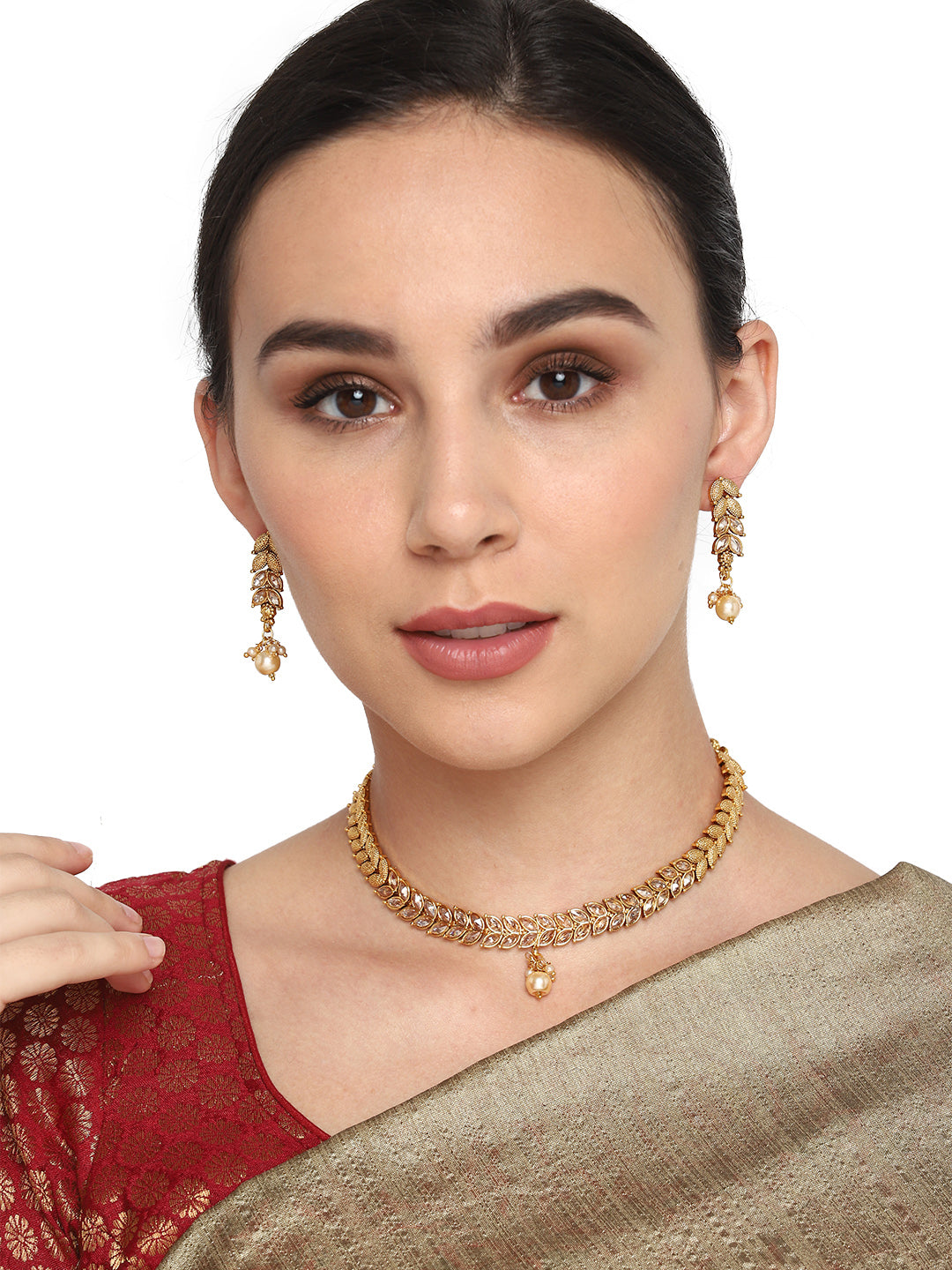 Priyaasi Women Pearls Stones Gold Plated Leaf Jewellery Set - Grab2buy