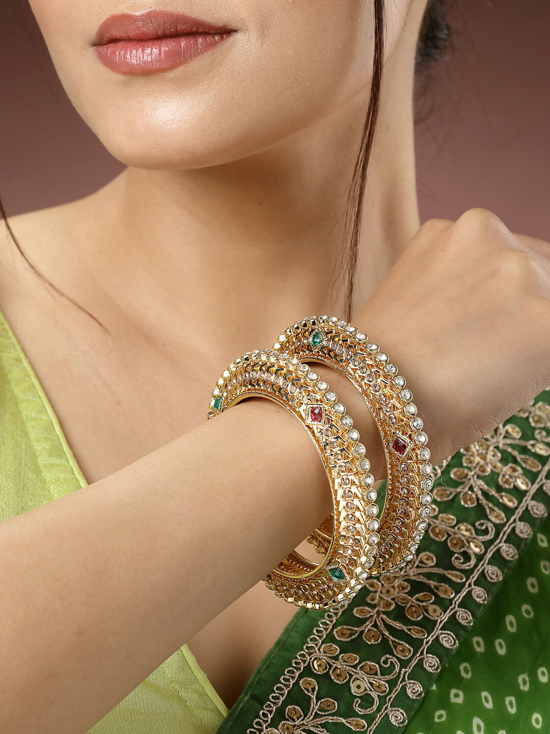 NVR Women's Set of 2 Gold-Polished Kundan Traditional Bangles 