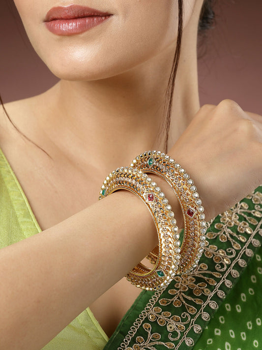 NVR Women's Set of 2 Gold-Polished Kundan Traditional Bangles 
