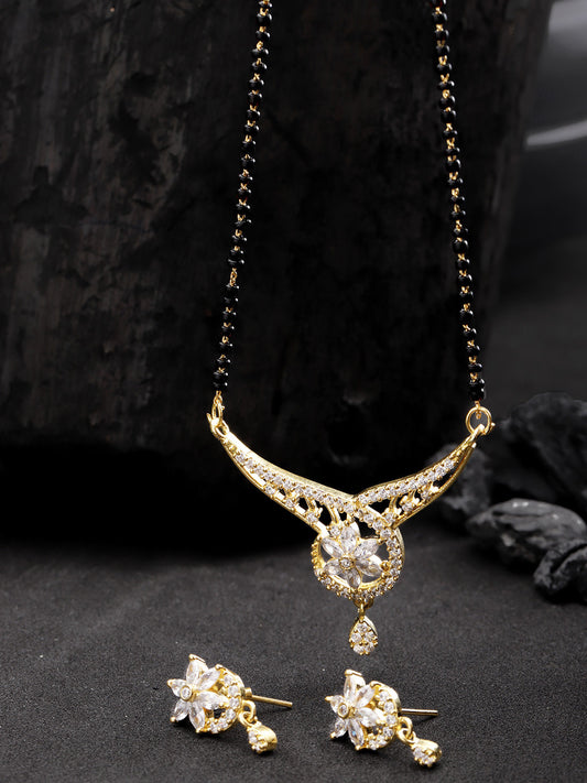 Priyaasi Desiner Floral Shaped Gold Plated American Diamond Mangalsutra Set For Women - Grab2buy