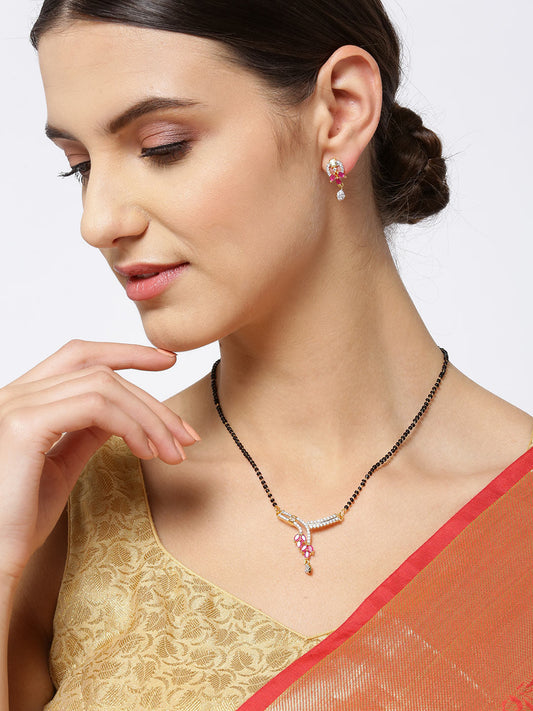 Priyaasi Women Gold-Plated American Diamond and Ruby Studded Mangalsutra Set with Earrings in Floral Pattern - Grab2buy