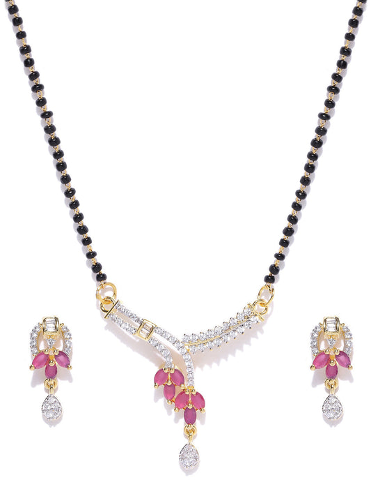 Priyaasi Women Gold-Plated American Diamond and Ruby Studded Mangalsutra Set with Earrings in Floral Pattern - Grab2buy