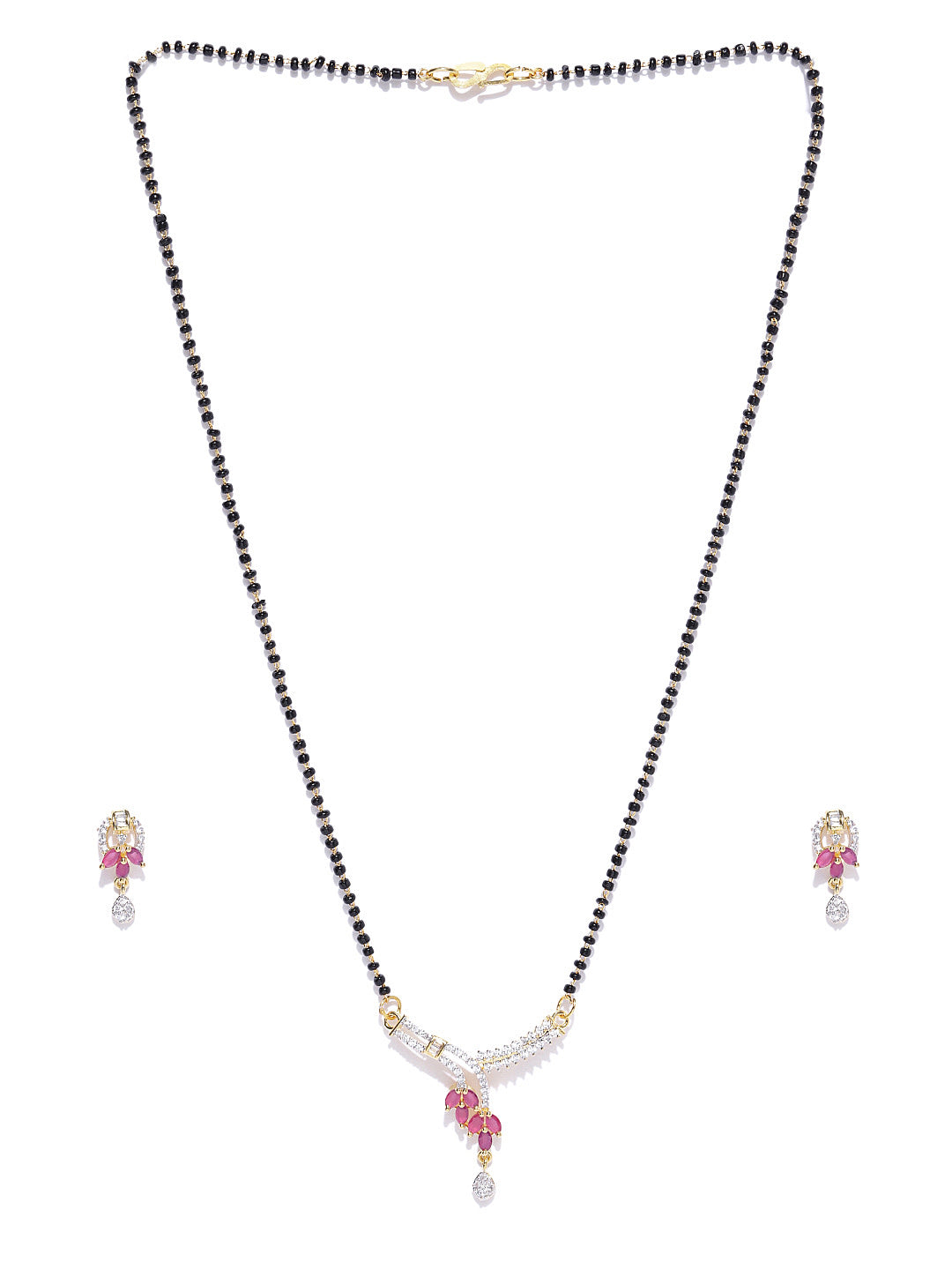 Priyaasi Women Gold-Plated American Diamond and Ruby Studded Mangalsutra Set with Earrings in Floral Pattern - Grab2buy