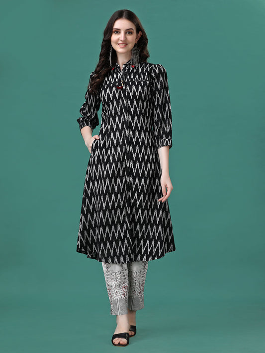 Printed Flared Cotton Kurta With Pant, Multicolor - Hiral Fashion