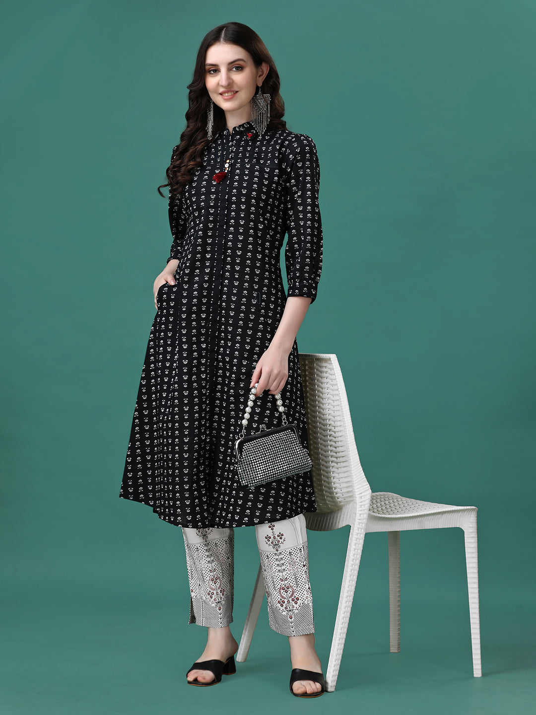 Printed Flared Cotton Kurta With Pant, Multicolor - Hiral Fashion