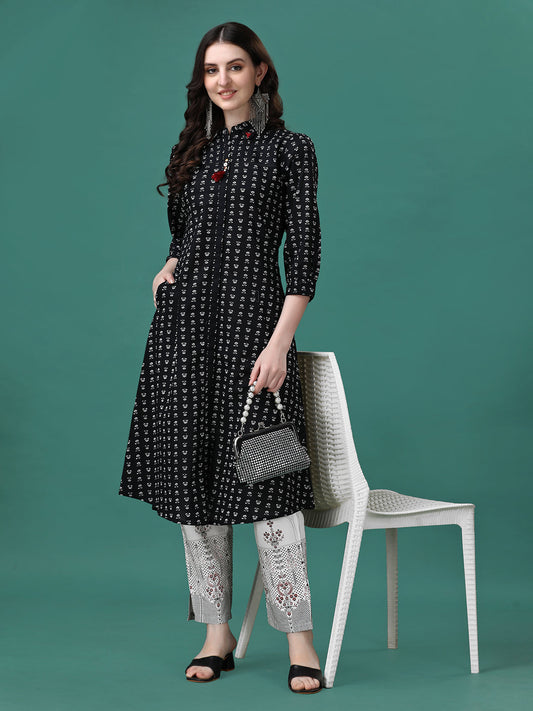 Printed Flared Cotton Kurta With Pant, Multicolor - Hiral Fashion