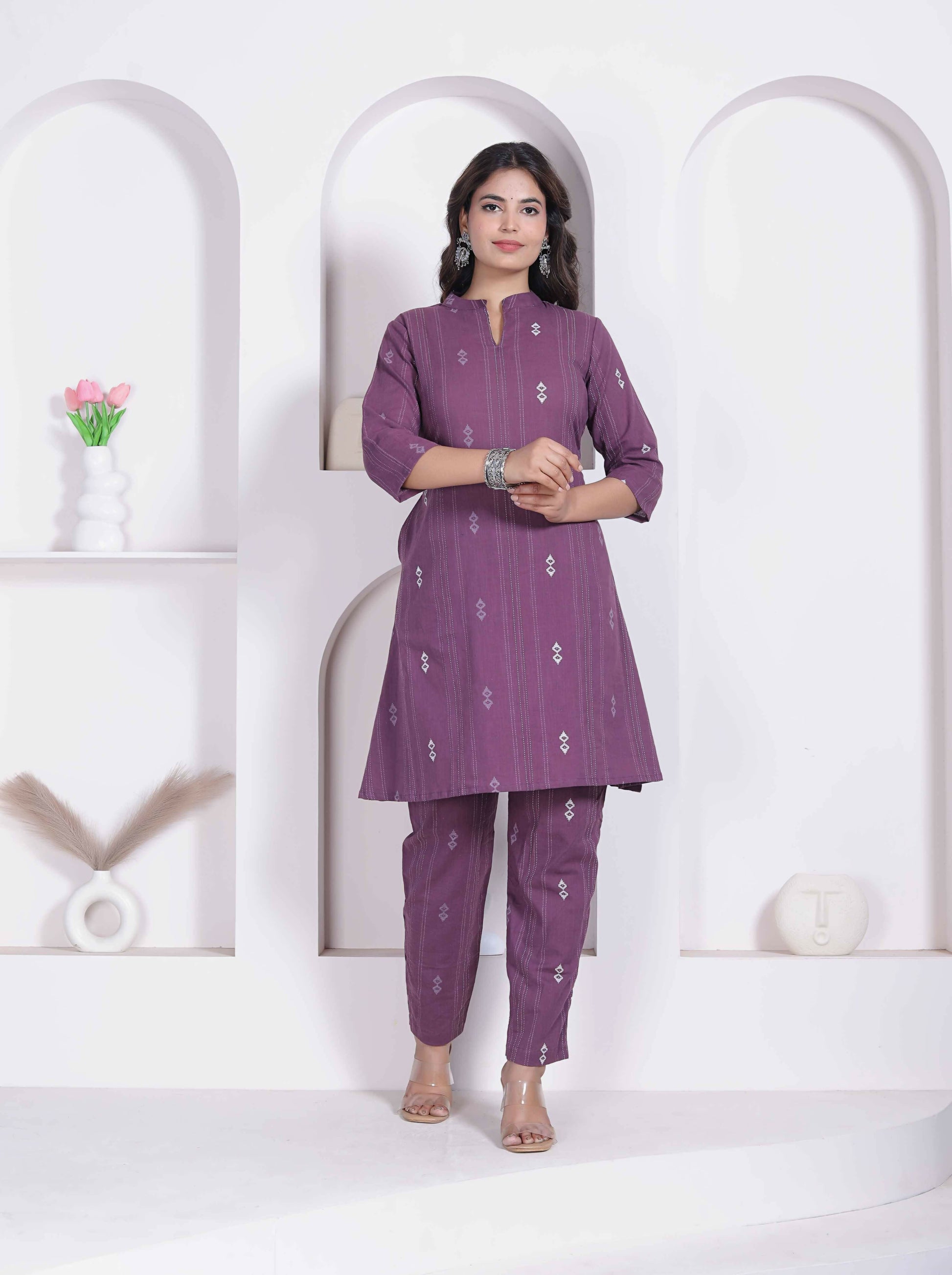 Miravan Womens Abstract Printed Wine Kurta Set