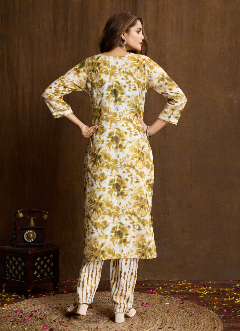 Prazu Fashion Cream Printed Cotton Blend Kurta Pant Set