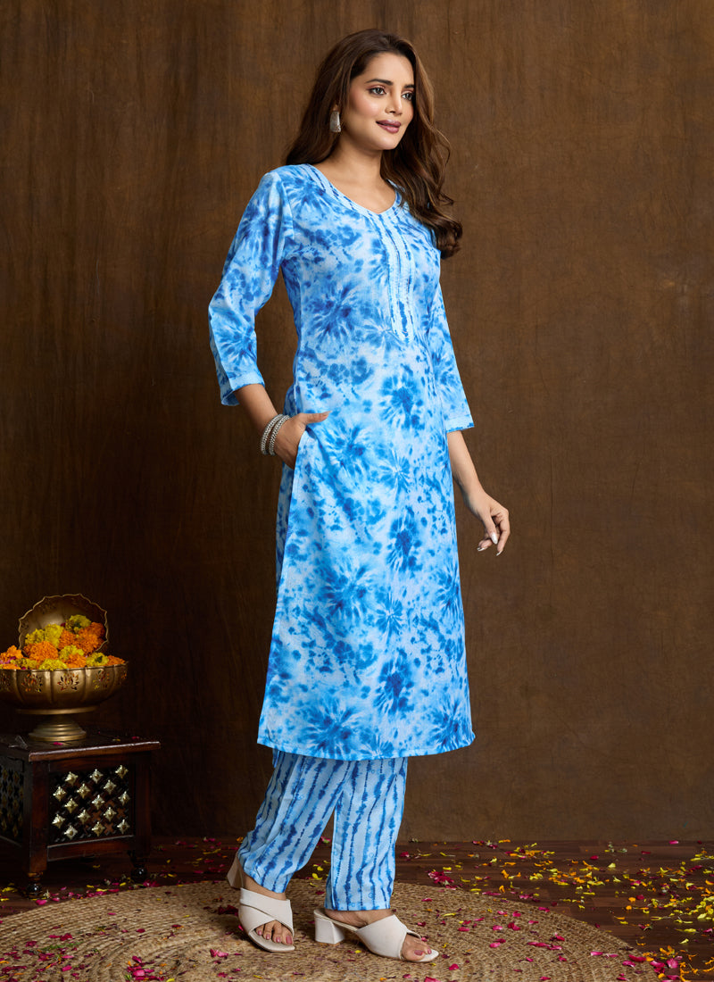 Prazu Fashion Sky Blue Printed Cotton Blend Kurta Pant Set