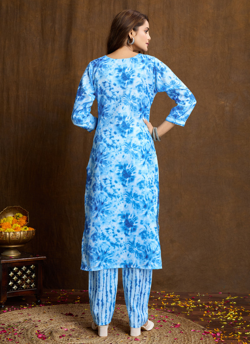 Prazu Fashion Sky Blue Printed Cotton Blend Kurta Pant Set