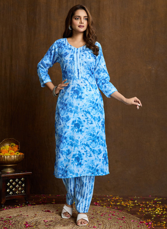 Prazu Fashion Sky Blue Printed Cotton Blend Kurta Pant Set