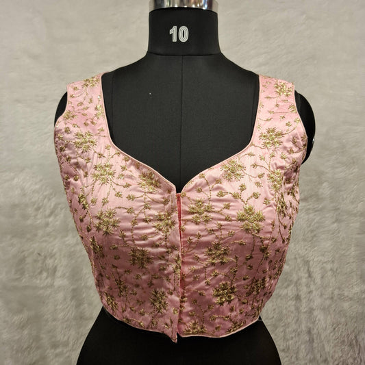 Kia Fashions Baby Pink Golden All Over Embroidered Readymade Blouse